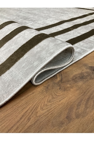 Saraz Halı Çerçeve Model Bambu Yıkanabilir Parlak Halı Kahve Çizgi Kahve-gri