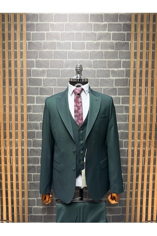 Dupont Classics Erkek Slim Fit 6 Drop Sivri Yaka Yelekli Kırçıllı Çift Yırtmaç Takım Elbise Yeşil