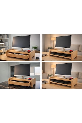 Ahşap Çekmeceli Monitör Standı Masaüstü Ergonomik Yükseltici Ve Düzenleyici