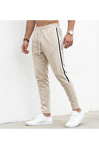 Plus Scorpion Erkek Slim Fit Pamuklu Eşofman Altı Yan Şerit Detaylı Günlük Bej