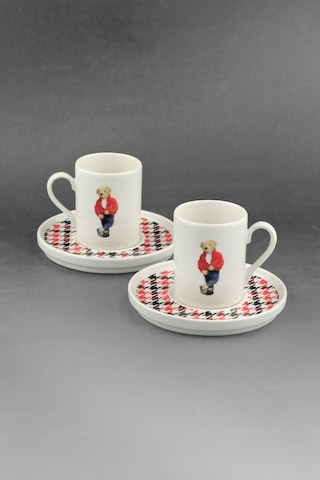 Teddy Bear Jeans İki Kişilik Porselen Kahve Fincan Takımı Kırmızı - Siyah