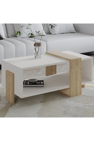 Meleni Orta Sehpa 90 Cm Modern Tasarım Raflı Beyaz/safir Meşe