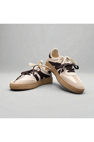 Çift Renkli İki Bağcıklı Kadın Spor Ayakkabısı Sneaker -bej Bej
