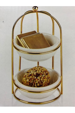 2 Katlı Gold Detaylı Standlı Porselen Yuvarlak Kaseli Şekerlik Sosluk Sunumluk