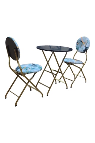 Katlanabilir Mermer Desenli Gold Metal Masa Ve Sandalye Takımı -