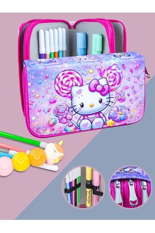 Kalem Kutusu Candy Kitty Orginazer Üç Bölmeli Vegan Deri Kalemlik Onesize