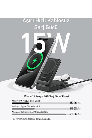 Anker Maggo Katlanabilir 3'ü 1 Arada Kablosuz Şarj İstasyonu Siyah