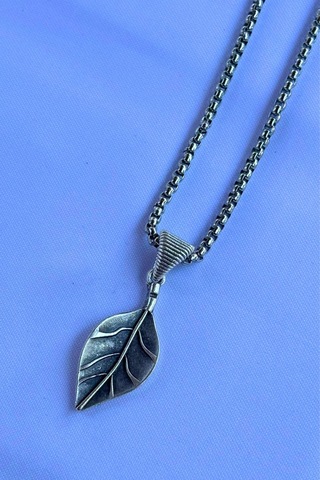 Yapraklı El İşçiliği Paslanmaz Çelik Zincir Erkek Kolye Gümüş
