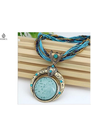 El Dokuması Bohem Pirinç Boncuklu Retro Etnik Tarzda Yuvarlak Değerli Taş Kolye Mavi