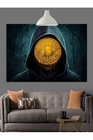 Bitcoin Sembolü Kapüşonlu Gizem Dekoratif Kanvas - Mdf Ahşap Tablo