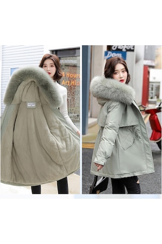 Snapbuy Kalın, Yumuşak Dolgulu, Midi Boy, Kapüşonlu, Kürk Detaylı Kadın Mont Su Yeşili