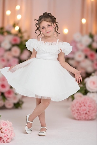 Erdem Kıds Kız Çocuk Omuzu Askılı Tüllü Düğün Kına Nişan Nikah Doğum Günü Özel Gün Abiye Elbise Gelinlik 1-5 Yaş Beyaz Beyaz