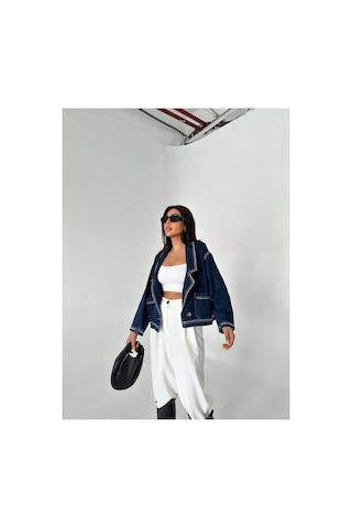 Zdnjeans Kadın Droplu Detaylı Denim Ceket Blazer Yaka, Cep Detaylı Koyu Mavi