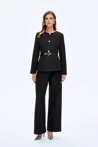 Quzu Kemer Aksesuarlı Yuvarlak Yaka Siyah Kadın Ceket Ckt00922 Siyah