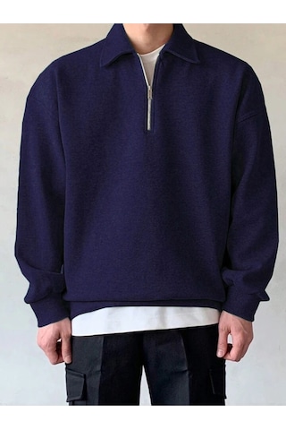 Genıus Store Erkek Polo Yaka Oversize Sweatshirt Yarım Fermuar Sweatshirt Oversıze-sweatshırt Lacivert