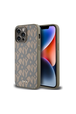 Apple Uyumlu iPhone 14 Pro Max Kılıf Dkny Lisanslı Magsafe Şarj Özellikli 3d Yazılı Grid Pattern Kapak Kahverengi