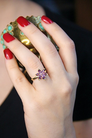 925 Ayar Gümüş Altın Kaplamalı Mor Lotus Çiçeği Yüzük - 34023302