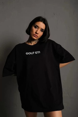 Twingold Kadın Oversize Baskılı Tişört Golf Gtı Retro Araba Desenli, Ön & Arka Dijital Baskı, Sokak Modası SIYAH