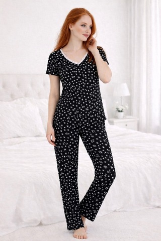 Seamlife Kadın Desenli Düğmesiz Bisiklet Yaka Kısa Kol Pijama Takımı-slim Fit Yazlık Homewear Siyah