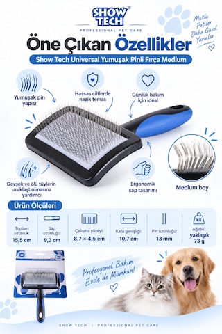 Showtech Universal Yumuşak Pinli Kedi Köpek Hassas Tarama Fırçası Orta Boy