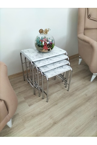 Evko Mobilya Buket Sehpa, 4'lü Zigon Sehpa, Dörtlü, Krom-b.mermer