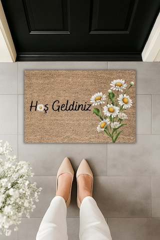 Rugmood Modern Dijtal Baskı Hoşgeldiniz Papatyalı Kapı Önü Paspası Çok Renkli