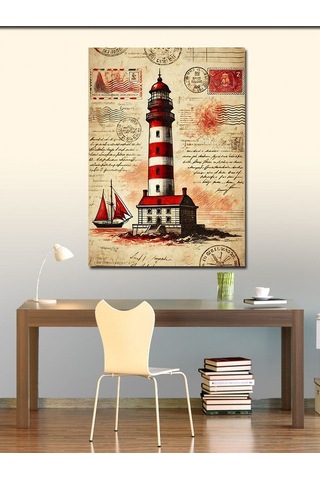 Kanvas Tablo Deniz Feneri Ve Kırmızı Yelkenli 70cmx100cm