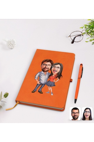 Kişiye Özel Sevgililer Karikatürlü Turuncu Termo Deri Defter Kale N11.2258