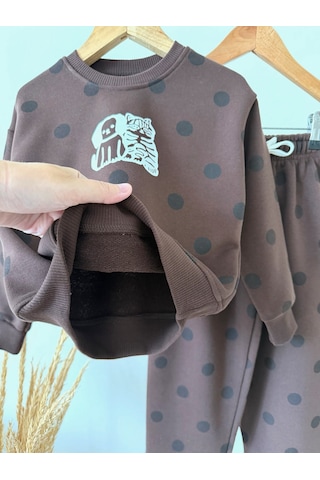 Magu Çocuk Pamuklu Baskılı Kahverengi Puantiyeli Sweatshirt Ve Eşofman Takımı