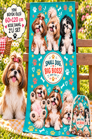 Kedi & Köpek Kurulama Havluları Shih Tzu - Köpek Desenli Büyük Boy Hızlı Kuruyan 60x120cm