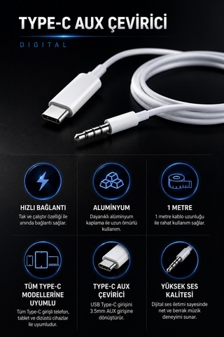 Metaforce Type C Aux Çevirici 1 Metre Dijital Ses Adaptörü 3.5mm Jack Alüminyum Gövde Type C To Aux Kablo