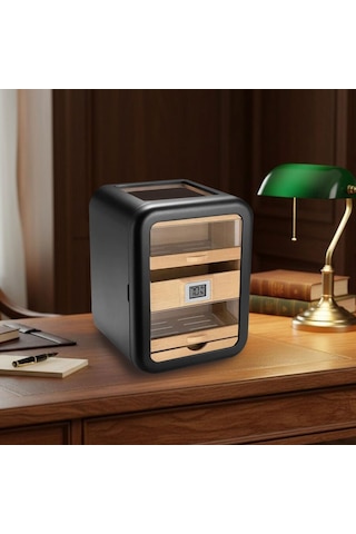 Elektronik Nemlendiricili Camlı 5 Çekmeceli Puro Kutusu Humidor Skylight Siyah