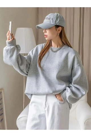 Mbb E-ticaret Kadın 3 İplik Pamuklu Oversize Yarım Fermuarlı Yakalı Basic Sweatshirt - Gri