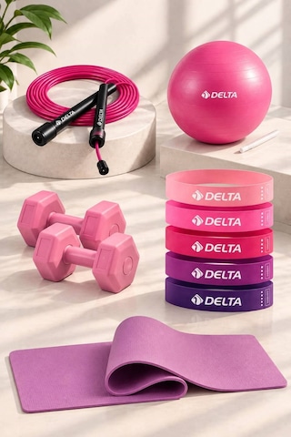 Pilates Egzersiz Seti 6 Mm Mat 5 Li Lateks Direnç Bandı 20 Cm Top Atlama İpi 1 Kg X2 Dambıl Pembe