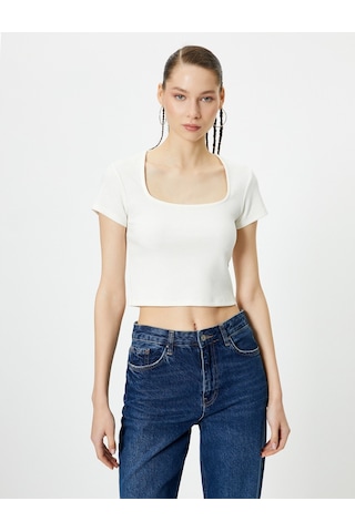 Koton Sırt Dekolteli Tişört Crop Kısa Kollu Fitilli Slim Fit Ekru 4sal10804ık Ekru