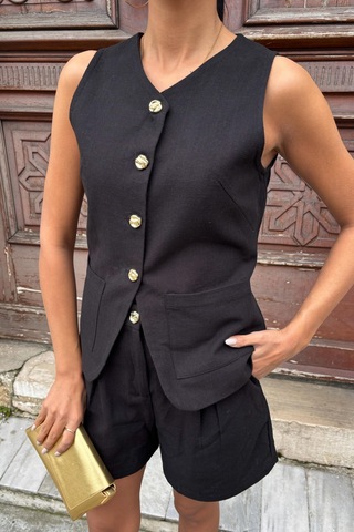 Kadın Siyah Cotton Kolsuz Gold Düğme Detaylı Takım Siyah