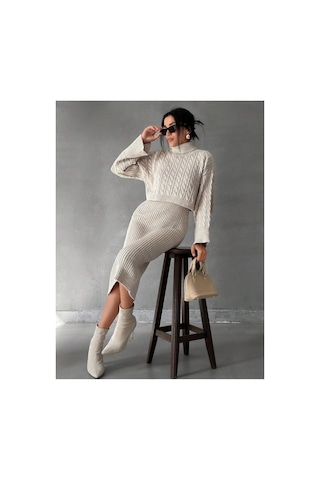 Cloudy Kids Kadın Taş Boğazlı Örgü Motifli Crop Kazak Ve Triko Elbise Takım Taş - 622073851 Taş