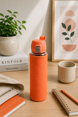 H2o Pastel Renk Kılıflı Kilit Kapaklı 500 Ml Cam Matara Sızdırmaz Ofis Ve Spor İçin Koruyucu Kılıflı Cam Suluk Turuncu