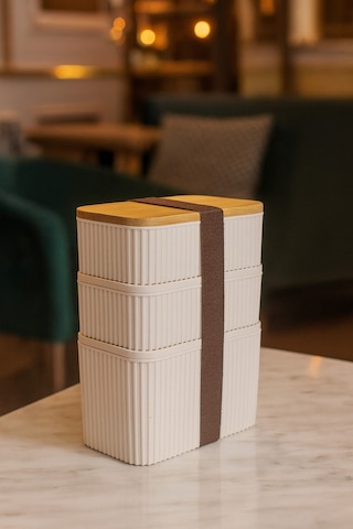 Makri Home 3'lü Bambu Kapaklı Saklama Kabı Seti 1l + 0,5l + 0,5l, Üst Üste Yerleştirilebilir, 21 Cm Yükseklik Krem