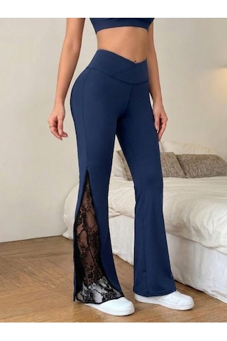 Veraura Lifestyle Kadın Yüksek Bel Yandan Dantel Detaylı Paçaya Doğru Geniş Dalgıç Tayt Pantolon Lacivert