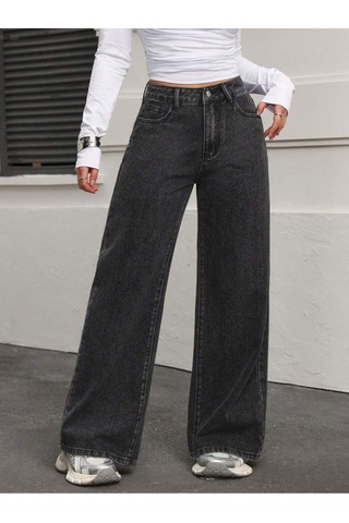 Koyu Füme Palazzo Pantolon Wide Leg Yüksek Bel Denim Jeans Gri