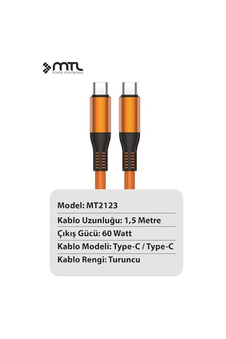 60w Pd Type-c To Type-c Metal Başlıklı Örgülü Hızlı Şarj Ve Data Kablosu 1.5 Metre Mt2123