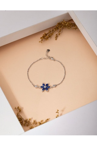 925 Ayar Safir Taşlı Rodyum Lotus Çiçeği Gümüş Bileklik Gümüş - Rodyum