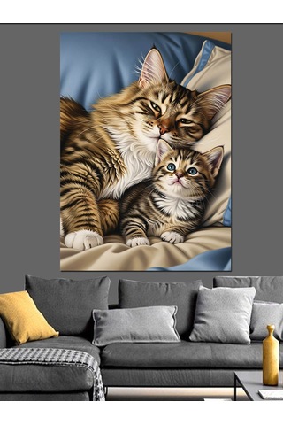 Ahşap Tablo Uyuyan Sevimli Kedi Dostlar