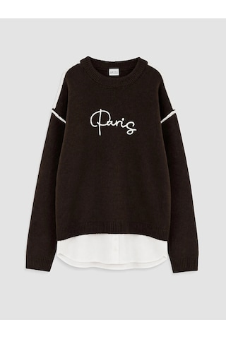 LC Waikiki Lcw Kids Kahverengi Paris Nakışlı Kız Çocuk Triko Kazak Chocolate Brown