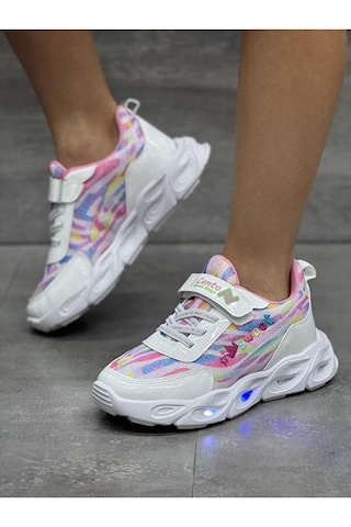 Adımist Çocuk Unisex Rahat Ortopedik Taban Işıklı Snakers Spor Ayakkabı Lento Işıklı Beyaz Pembe