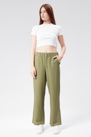 Braccas Kadın Keten Görünümlü Yandan Cepli Beli Lastikli Relaxed Fit Pantolon Haki Haki