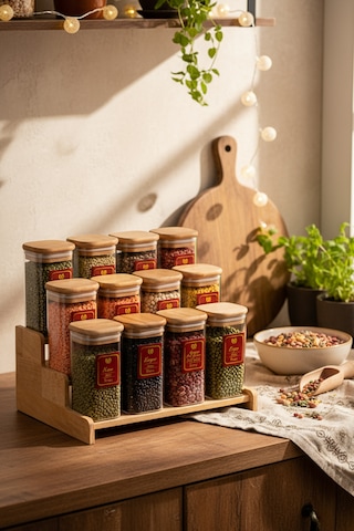 Snippy Lunver - 12'li Ahşap Standlı Vakumlu Etiketli Akrilik Saklama Kabı Baharatlık Seti 350 Ml Ahşap