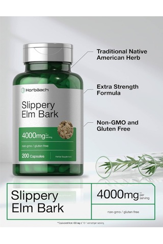 Horbäach Slippery Elm Bark 200 Capsules Non-gmo Gluten Free. Aromasız