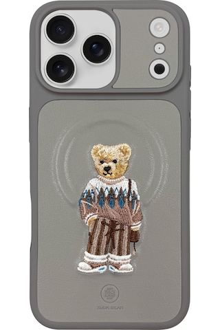 Zuckbear iPhone 17 Pro İçin Kılıf 3d Figürlü Pu Deri Yüzey Manyetik Şarj Destekli Kapak Aristo Titan Gri